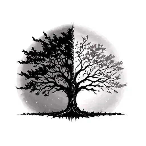 Half Tree With No Leaves On It While The Other Half Of The Tree Has Leaves