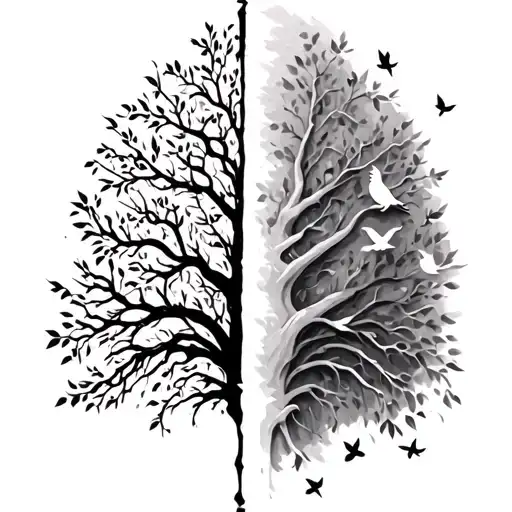 Half Tree With No Leaves On It While The Other Half Of The Tree Has Leaves With Doves