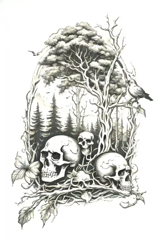 Spooky Forest With Fire And Skulls With Birds