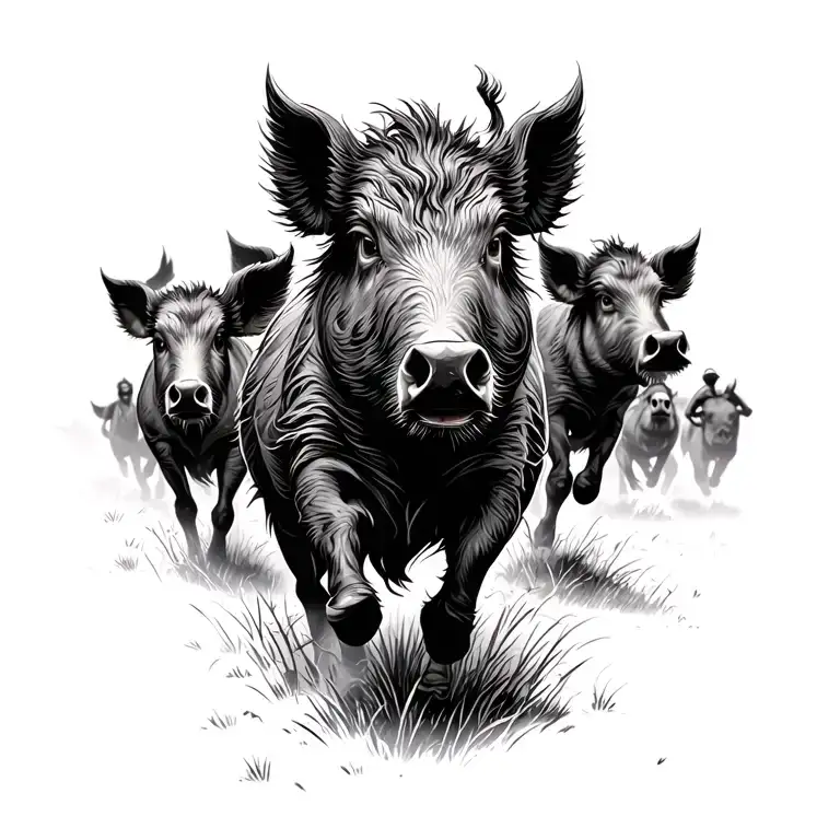 A Pack Of Wild Hogs Running Through A Field With A Hunter In Pursuit