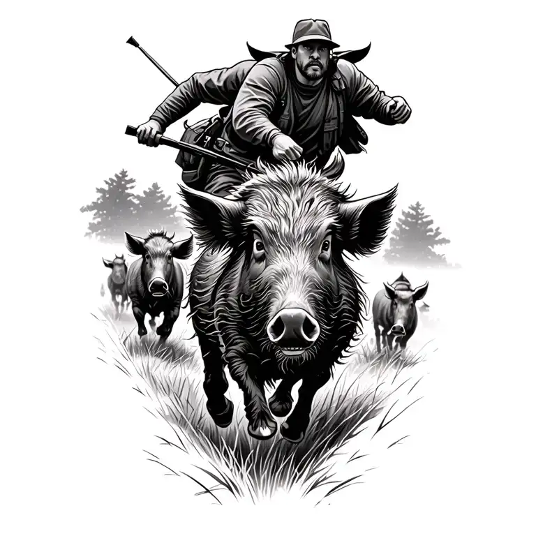 A Pack Of Wild Hogs Running Through A Field With A Hunter In Pursuit