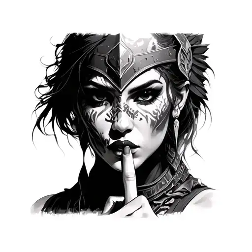 Female Face Warrior With Finger On Lip