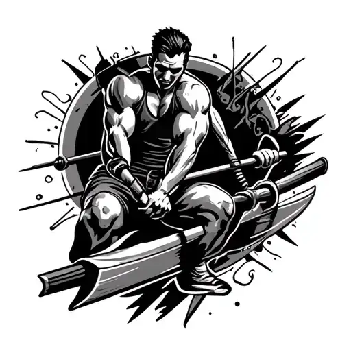 Bicep Tattoo That Incorporates Rowing And Metal Music