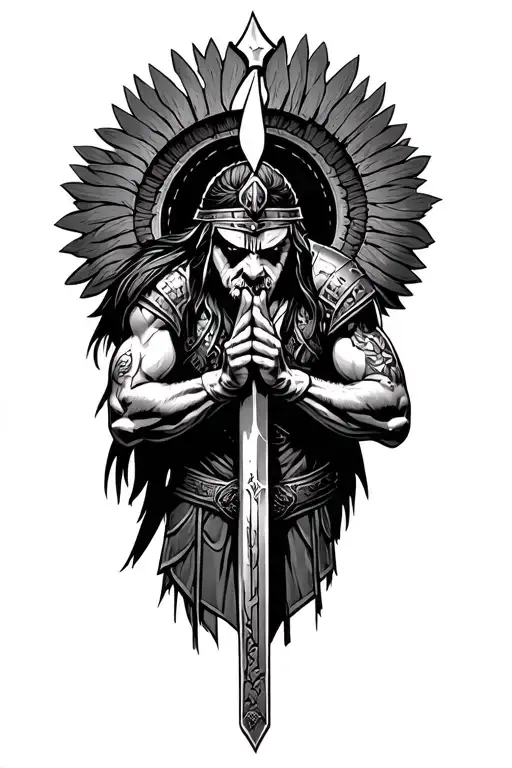 Spartin Warrior Praying On Weapon Ready To Battle