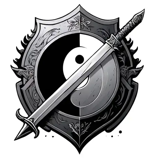 Sword And Shield Inside Yin Ayng Symbol Intertwined