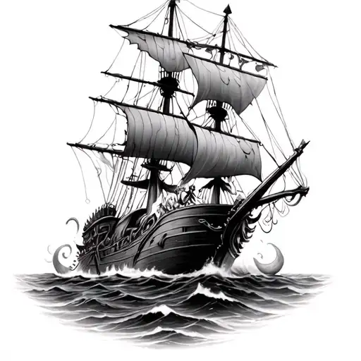 Krakens Sinking A Realistisc Pirate Ship Black And White Tattoo Style For Lower Back