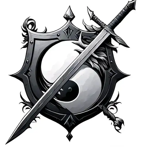 Sword And Shield Inside Yin Ayng Symbol Intertwined