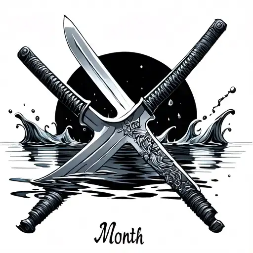 A Samurai Sword That Blade On The Water Floating Water From And Behind It Is The Month Image
