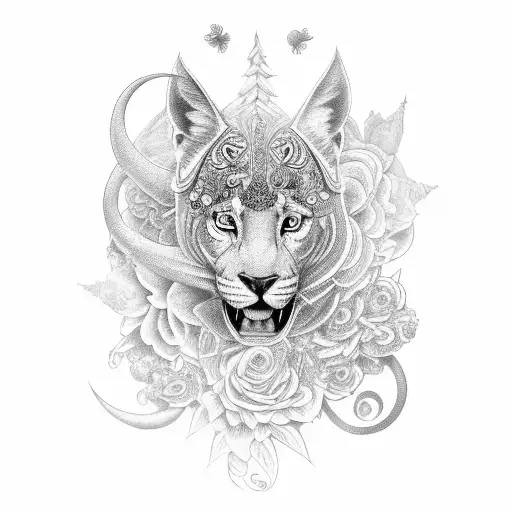 A Black-grey Tattoo Of A Mystical Animal Surrounded By Psychedelic Flowers
