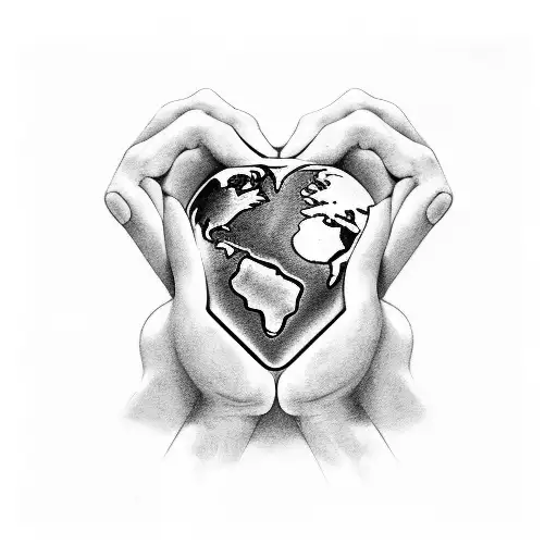 A Black And Grey Tattoo Depicting Two Hands Forming A Heart Around The Earth
