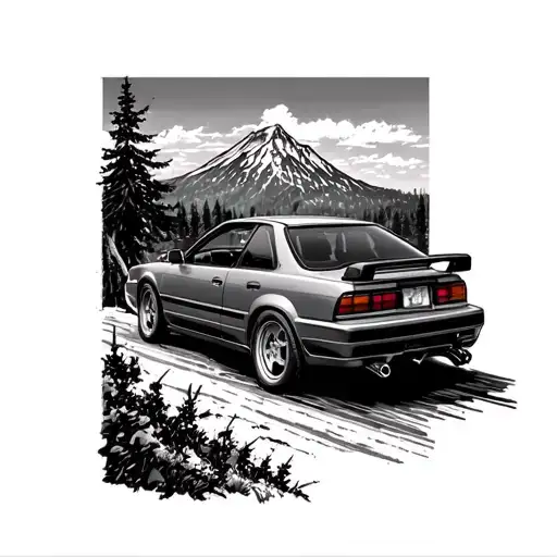 Rear View Of 1990 Type R Acura Integra Driving Up With A Mountain And Tree View