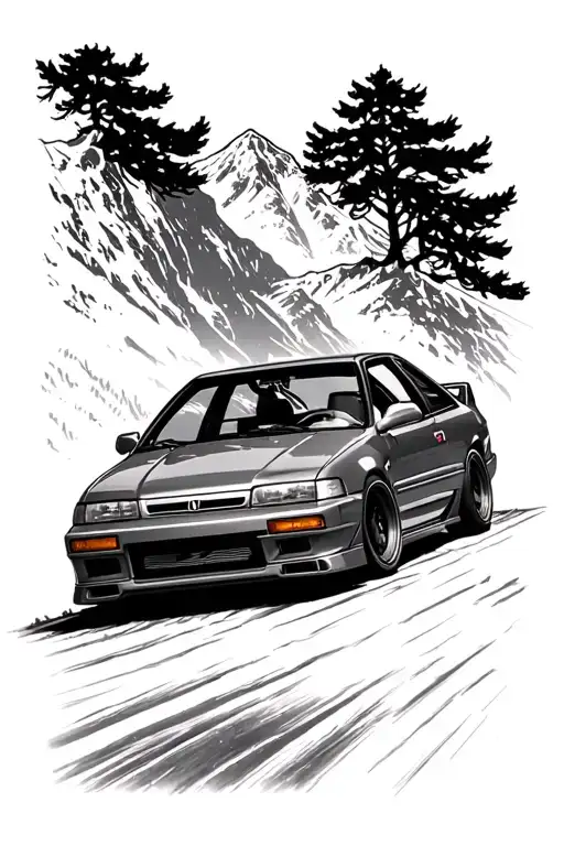 Rear View Of 1990 Type R Acura Integra Driving Up With A Mountain And Tree View