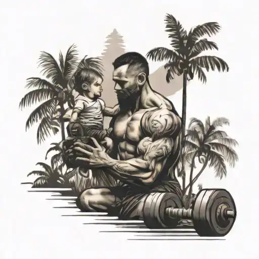 A Father And Child Lifting Weights Together Under A Palm Tree