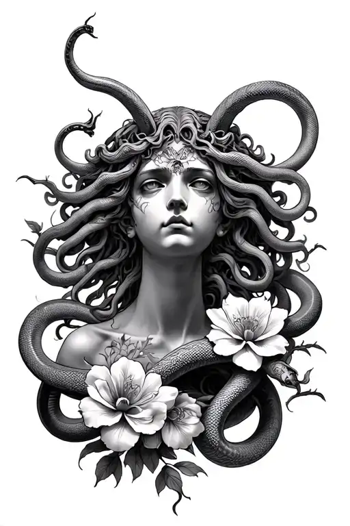 Medusa Head With Snakes And Flowers
