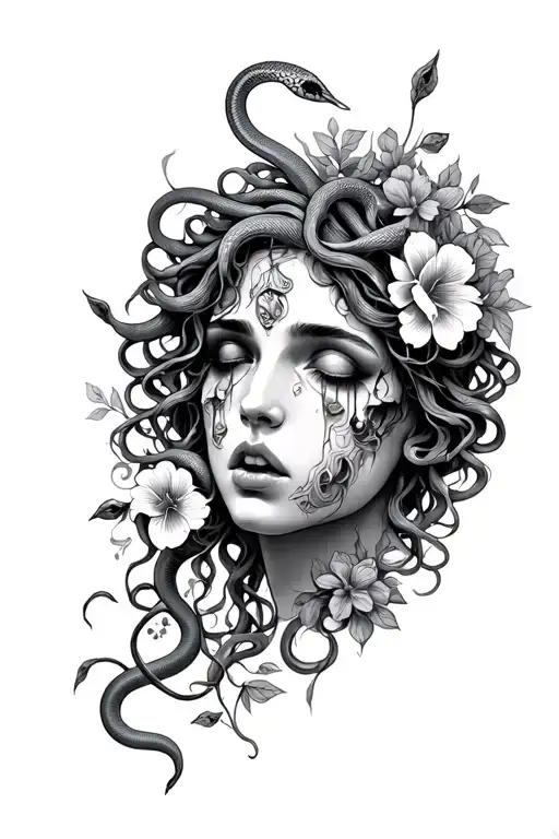 Pretty Medusa Face Crying With Snakes And Flowers