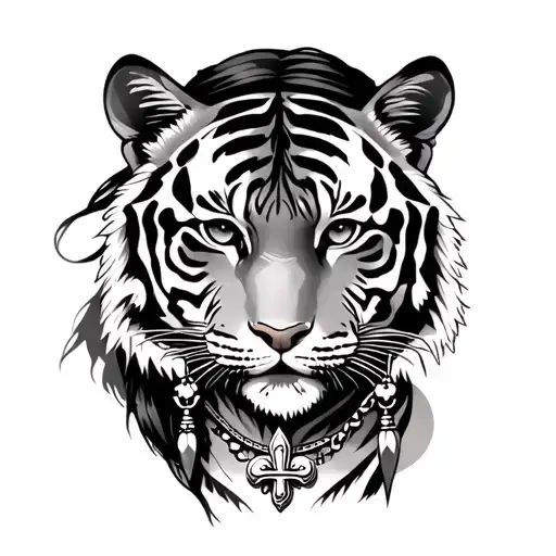 Native American Woman Silhouette With A Tiger As The Face Facing Forward And A Fleur-de-lis Necklace