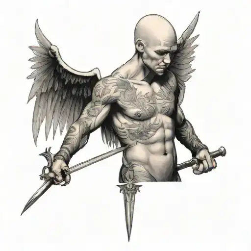 Naked Bald Man With Wings And A Sword Tattooed On His Chest