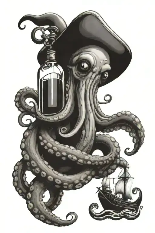 Octopus Holding A Bottle With A Boat Inside With Waves And An Anchor