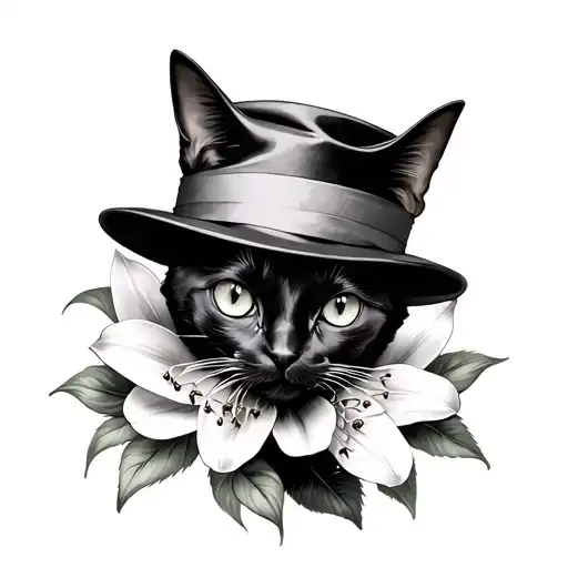 Black Cat In A Hat Lilly Flower And 444