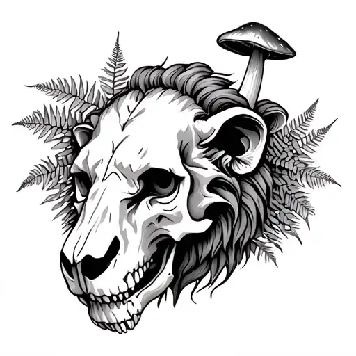 Lion Skull With Ferns Mushrooms