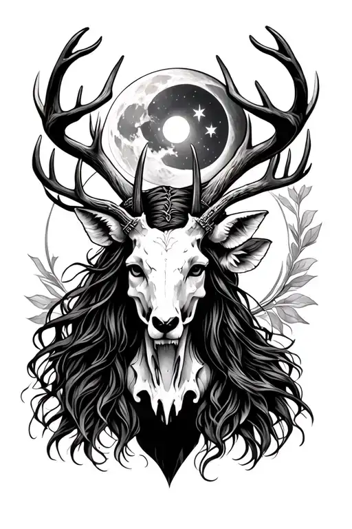 Masculine Artemis Goddess With Moon And Deer Skull