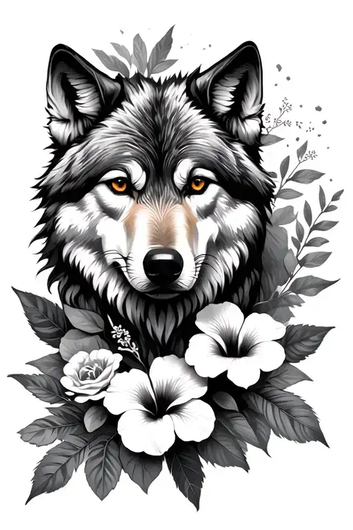 Wolf With Hibiscus Flowers Wrapped