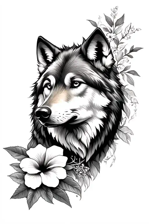 Wolf With Hibiscus Flowers On One Side