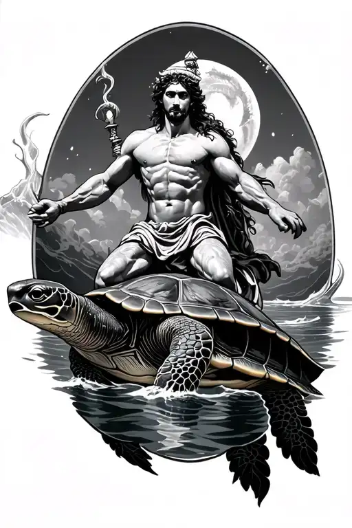 Neptune Riding A Turtle Swimming