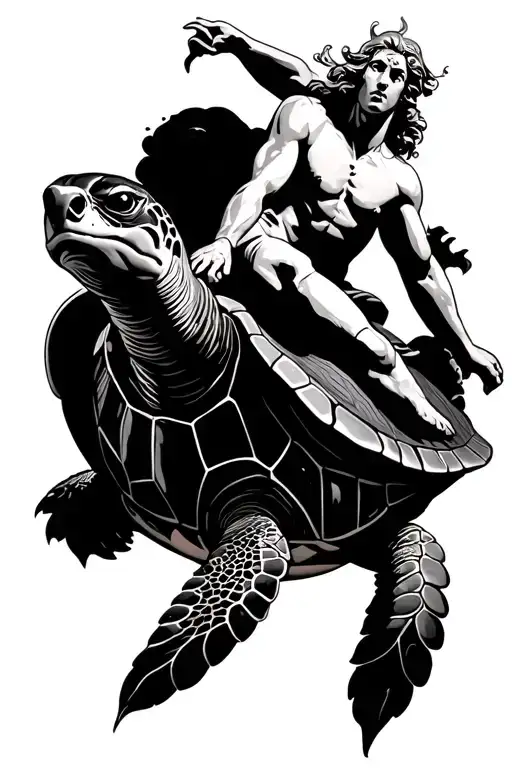 Neptune Riding A Turtle Swimming Alongside