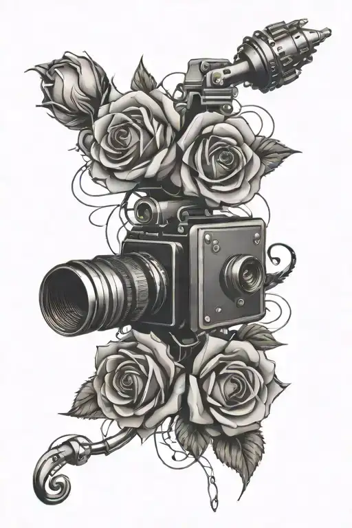 Roses With Music Notes And Video Camera Lens Morphing Tattoo