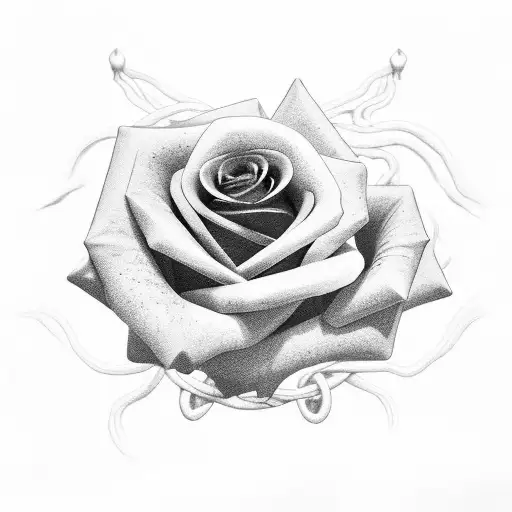 A Realistic Black And Grey Rose Intertwined With An Alien Spaceship