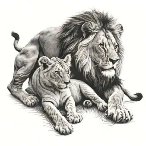 Lion And Cub Playing Together