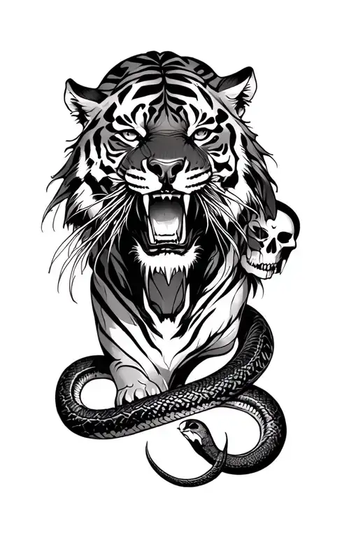 Roaring Tiger Surrounded By Skulls With A Snake Intertwined