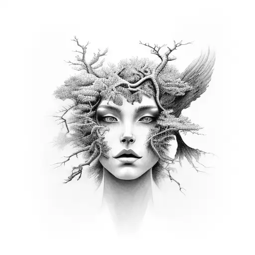 A Mesmerizing Black And Grey Tattoo Of A Woman Merging With The Beauty Of A Forest