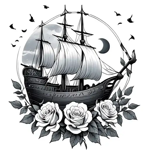 Roses And Tea Leaves Falling From The Sky With A Moon Ang Viking Ship