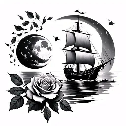 Roses And Tea Leaves Falling From The Sky With A Moon And A Danish Viking Ship Sailing On The Water