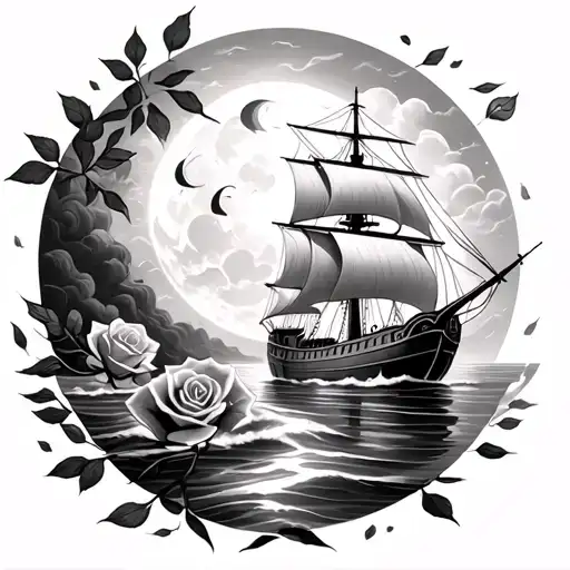 Roses And Tea Leaves Falling From The Sky With A Moon And A Danish Viking Ship Sailing On The Water