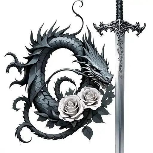 Sword With A Dragon And Rosees Wrapped Around It