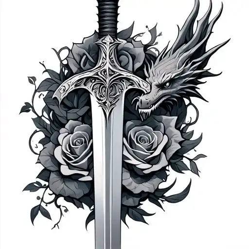 Sword With A Dragon And Rosees Wrapped Around It