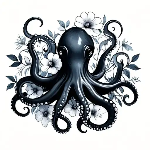 Black Octopus With Flowers