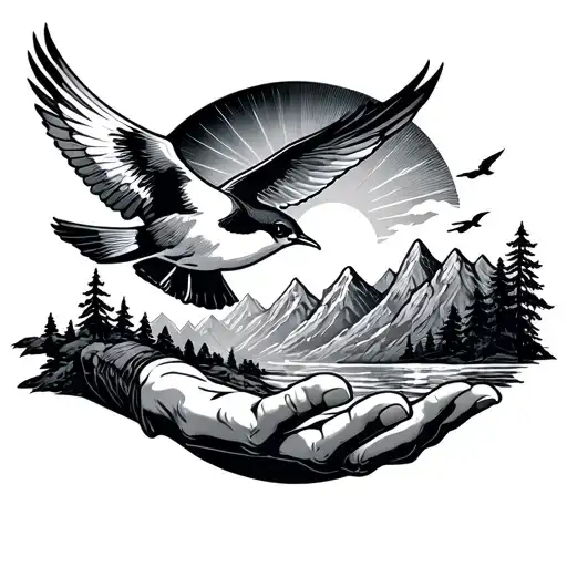 Hand Reaching Toward Mountains And Sun Bird Flying Around It