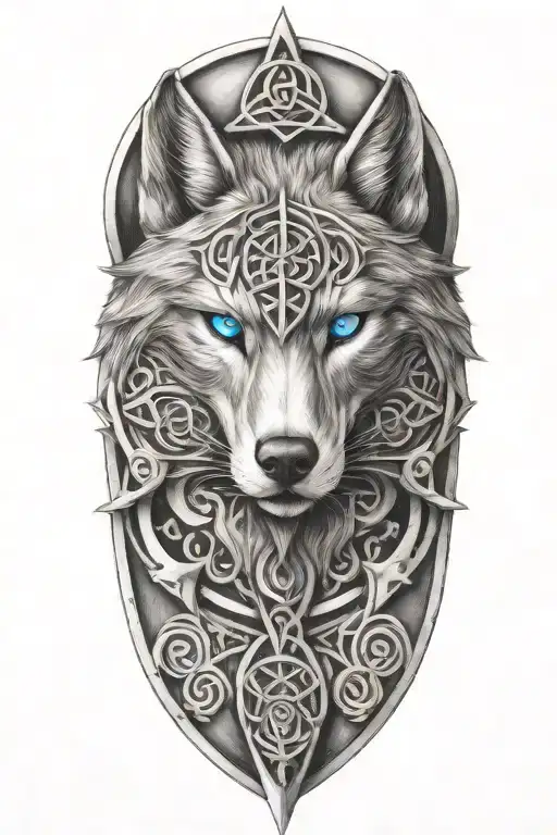 Wolf With Blue Eyes On Armor Tattoo Design Featuring Celtic Trinity Knot
