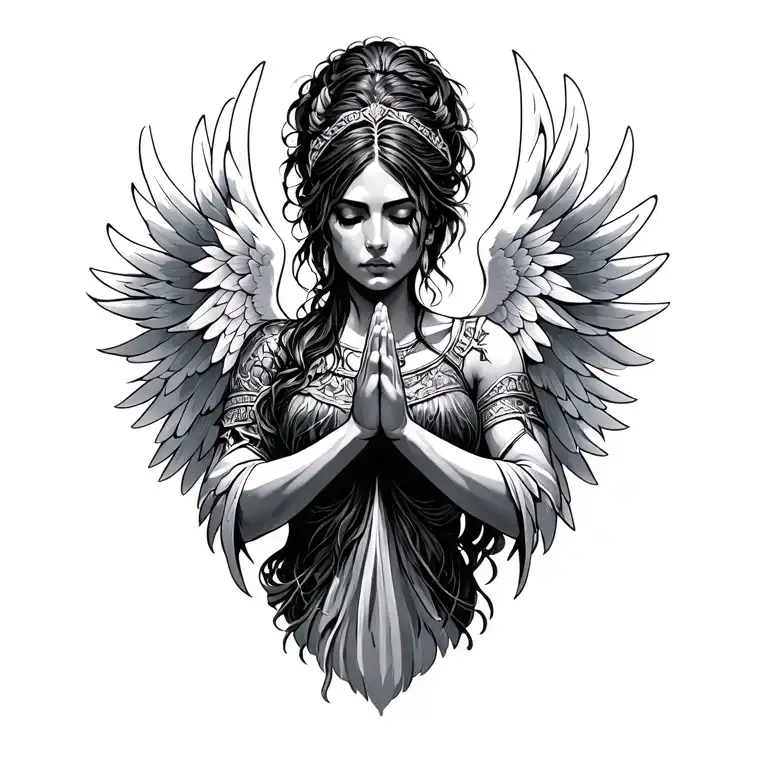 Warrior Woman With White Colored Wings In Prayer Hands