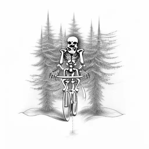 A Skeleton Riding A Bike Through A Forest