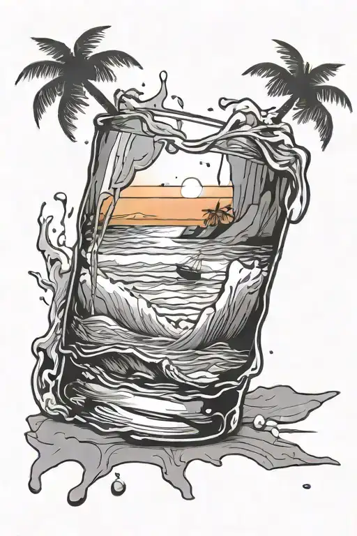 Broken Tipped Over Whiskey Glass With Liquid Turning In To Beach With Sunset