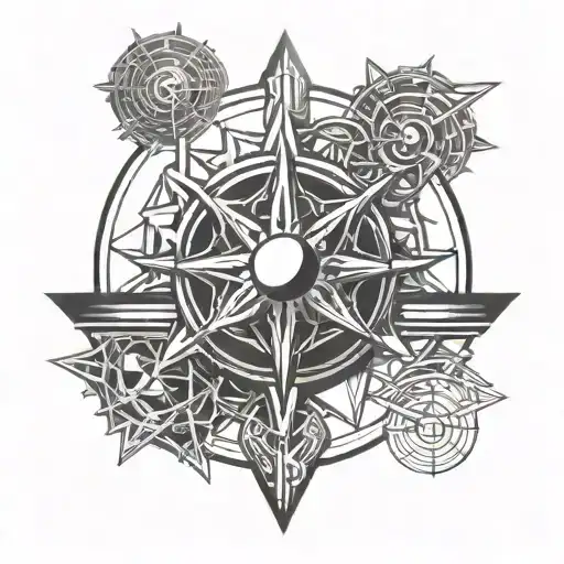 A Geometric Sun Tattoo With Intricate Gym Equipment Hidden Within The Design