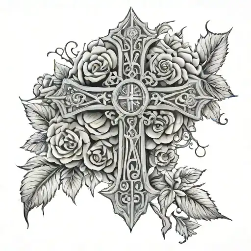 A Roman Cross On A Background Of Various Roses And Thorns