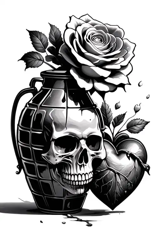 Skull Inside Of A Rose Coming Out Of A Grenade Shaped Like A Flower Vase And A Real Heart