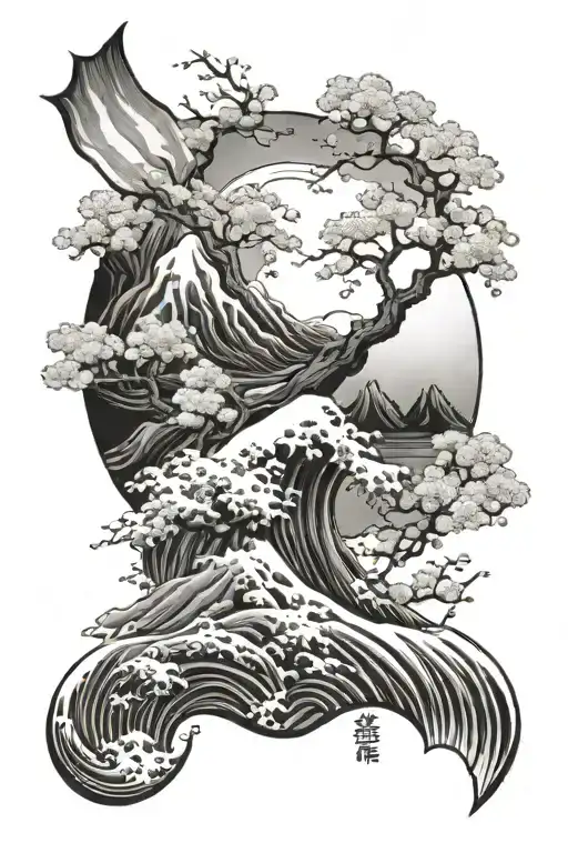 Hokusai Wave And Mountain Peak And Sakura Blossom Tree