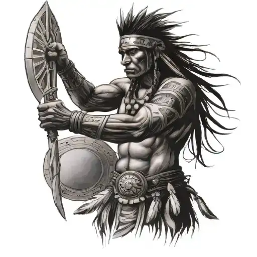 Native Warrior Wielding And A Sun Rising